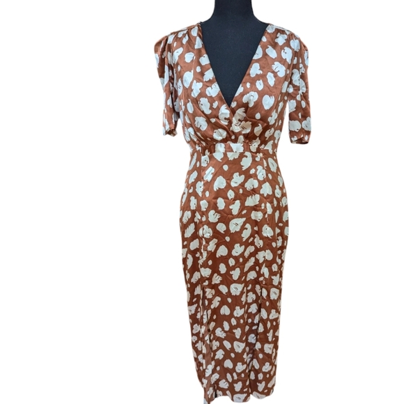 French Connection Aimee Abstract Print Midi Dress Brown Patina Cream sz 6 - Picture 9 of 12